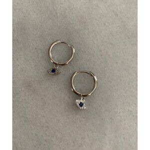 New Drop! Sterling Silver Huggie Hoop Crystal Evil Eye Dangle Earrings Brand New